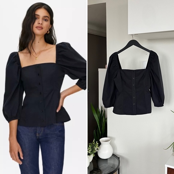 Aritzia Little Moon Button Up Blouse/Tops Black Puff Sleeves Sz S - Picture 5 of 9